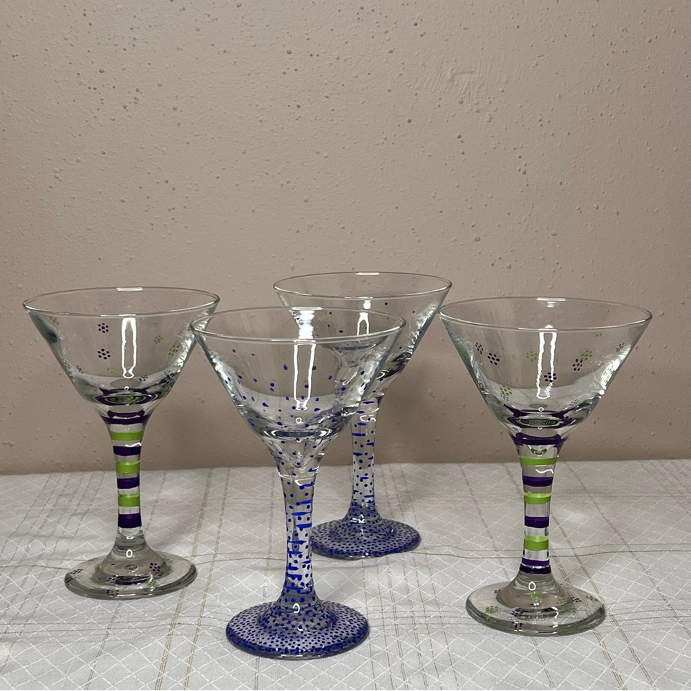 Set of (4)  Martini Glasses - 2 Glasses W/Dots 2 Glasses W/Stripes Patterns